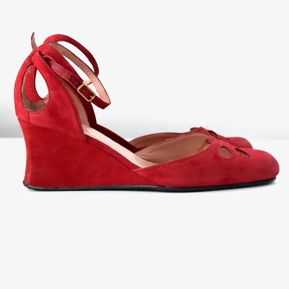 Stephane Kelian Made in FRANCE Red Suede 2.25” Wedge shoes Womens 6.5 - Picture 8 of 13